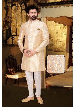 Golden Yellow Jaquard Silk Indo Western Sherwani